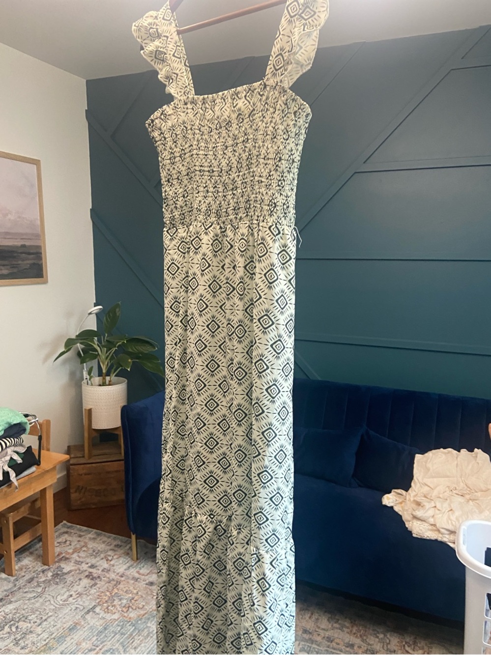 Smocked Square-Neck Maxi Dress in cream and dark green